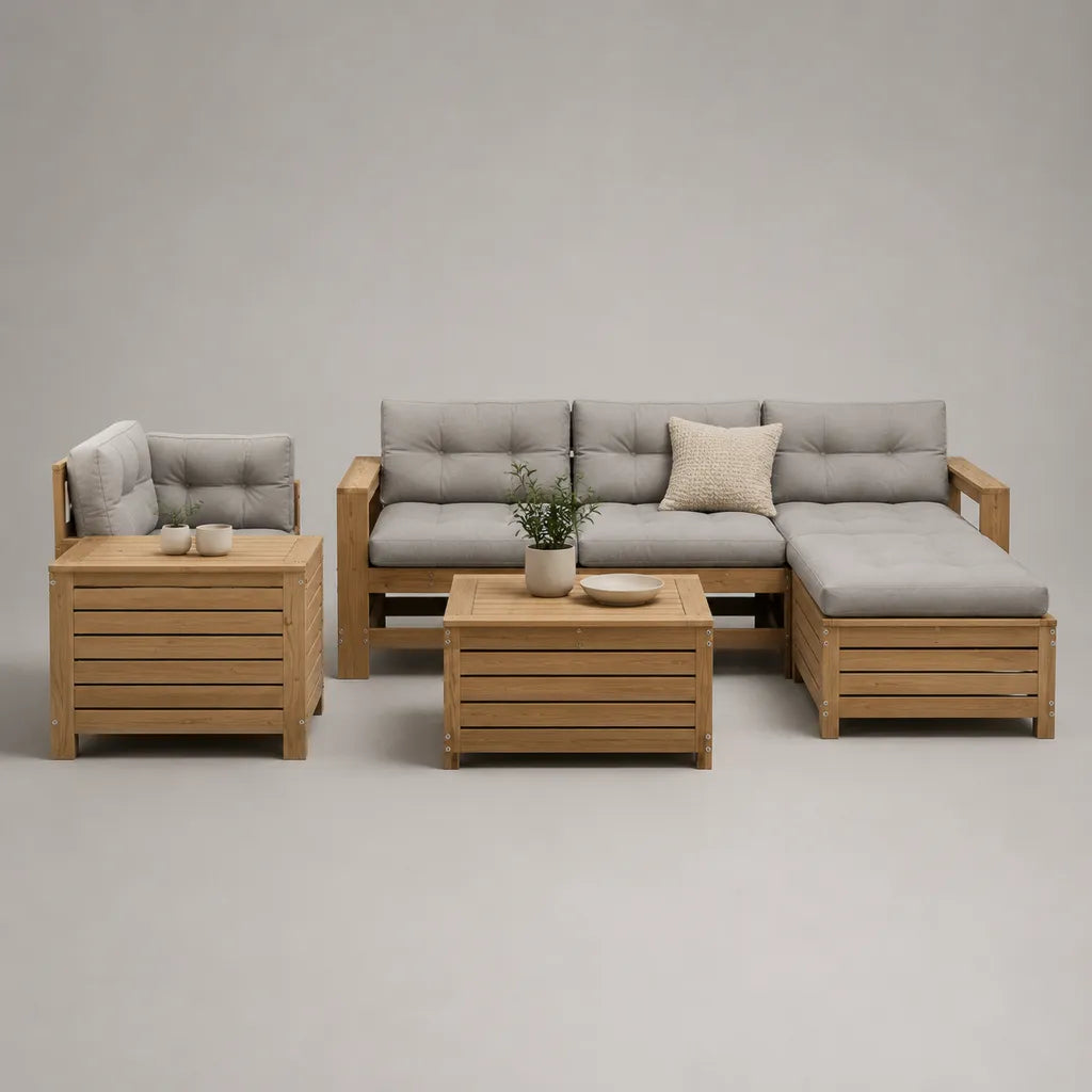 5-teiliges Garten-Lounge-Set aus Akazien-Massivholz mit Polstern, L-förmig, Sofa 210 × 145 × 74 cm, Natur/Hellgrau