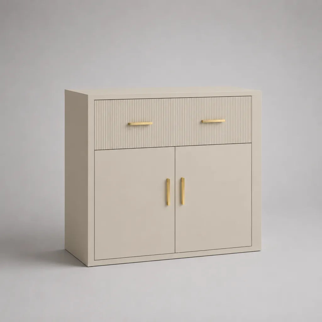 Anrichte mit 1 Schublade und 2 Türen aus MDF und Spanplatte, Beige und Goldfarben, 80 × 35 × 85 cm