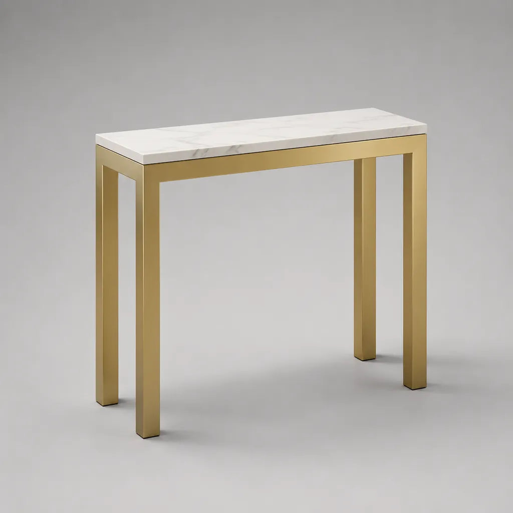 Rechteckiger Konsolentisch mit weißer MDF-Platte in Marmoroptik und goldenem Stahlgestell, 100 × 30 × 80 cm
