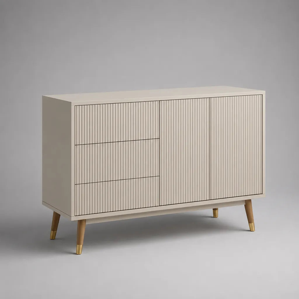 Sideboard aus MDF mit Rillenfront, 3 Schubladen und 2 Türen, Beige, 120 × 40 × 80 cm