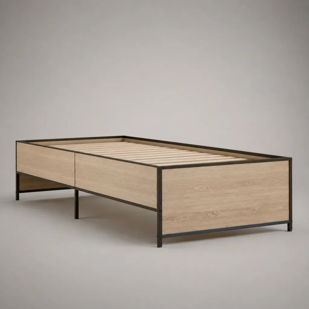 Einzelbett-Bettgestell mit Lattenrost aus Stahl und Spanplatte, Eichefarben/Schwarz, Liegefläche 90 × 200 cm, Gesamtmaß 206 × 96 × 60 cm