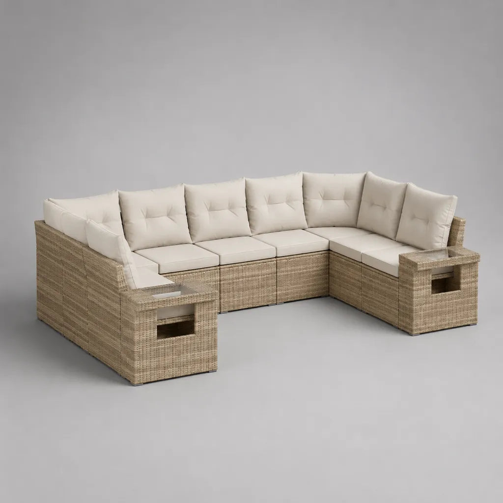 5-Sitzer-Gartensofa-Set in L-Form aus PE-Rattan und Stahl, Beige und Cremeweiß, 240 × 240 × 72 cm