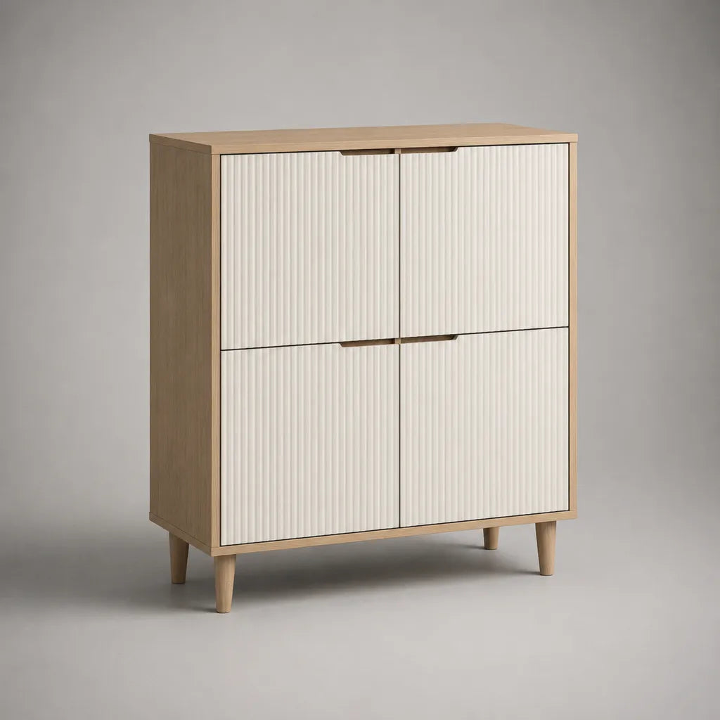 Sideboard mit 4 Türen aus Spanplatte und MDF, Eichefarben und Weiß, 100 × 40 × 120 cm