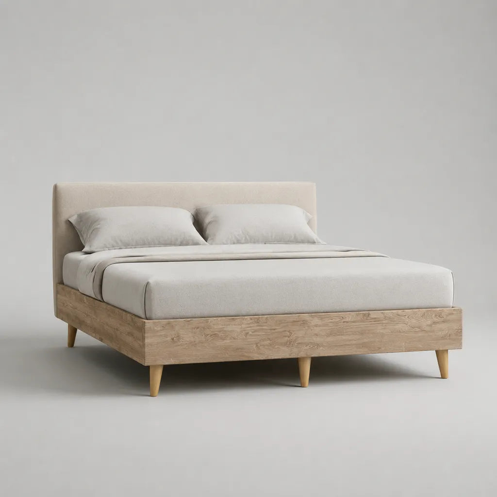 Doppelbett-Bettgestell 160 × 200 cm mit gepolstertem Kopfteil, Eichenfurnier und Polyester, Natur/Beige