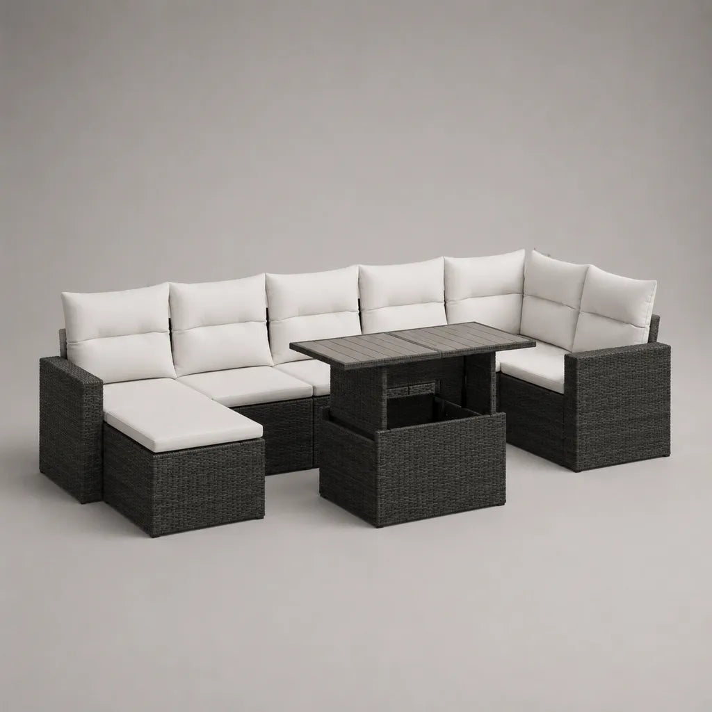 Garten-Sitzgruppe aus PE-Rattan in U-Form mit Esstisch und 2 Hockern, Anthrazit/Cremeweiß/Graubraun, 245 × 180 × 74 cm