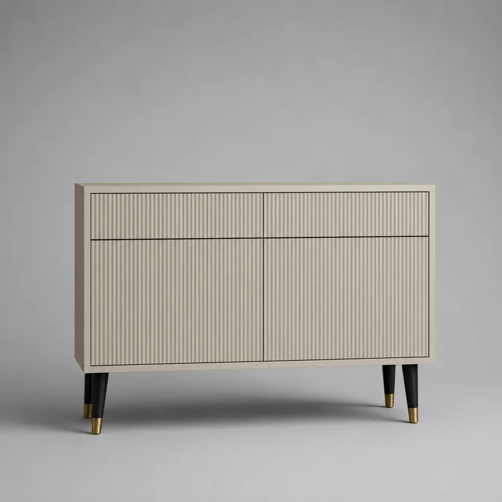 Sideboard aus geriffeltem MDF mit 2 Türen und 2 Schubladen, Beige, 120 × 40 × 90 cm