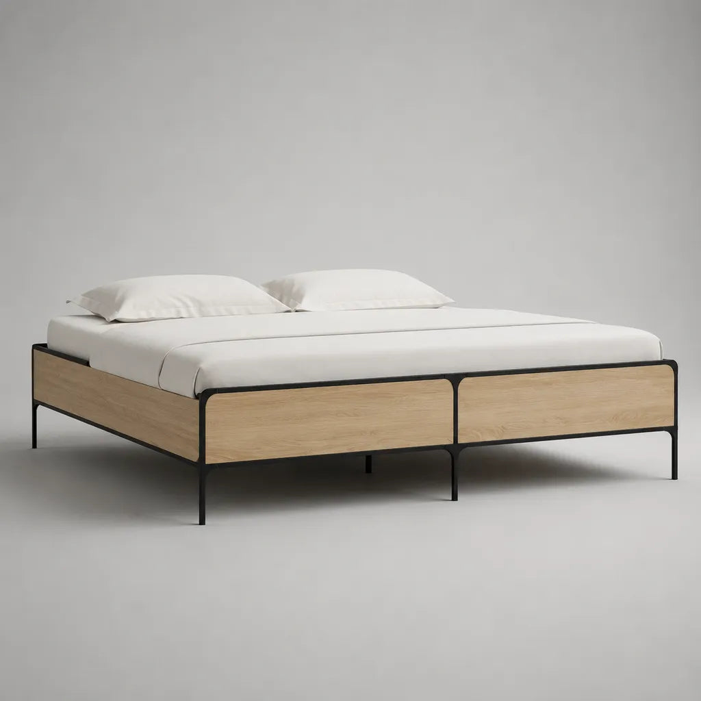 Doppelbett-Bettgestell aus Stahl mit Eichenfurnier, Liegefläche 160 × 200 cm, Natur/Schwarz, 208 × 168 × 42 cm