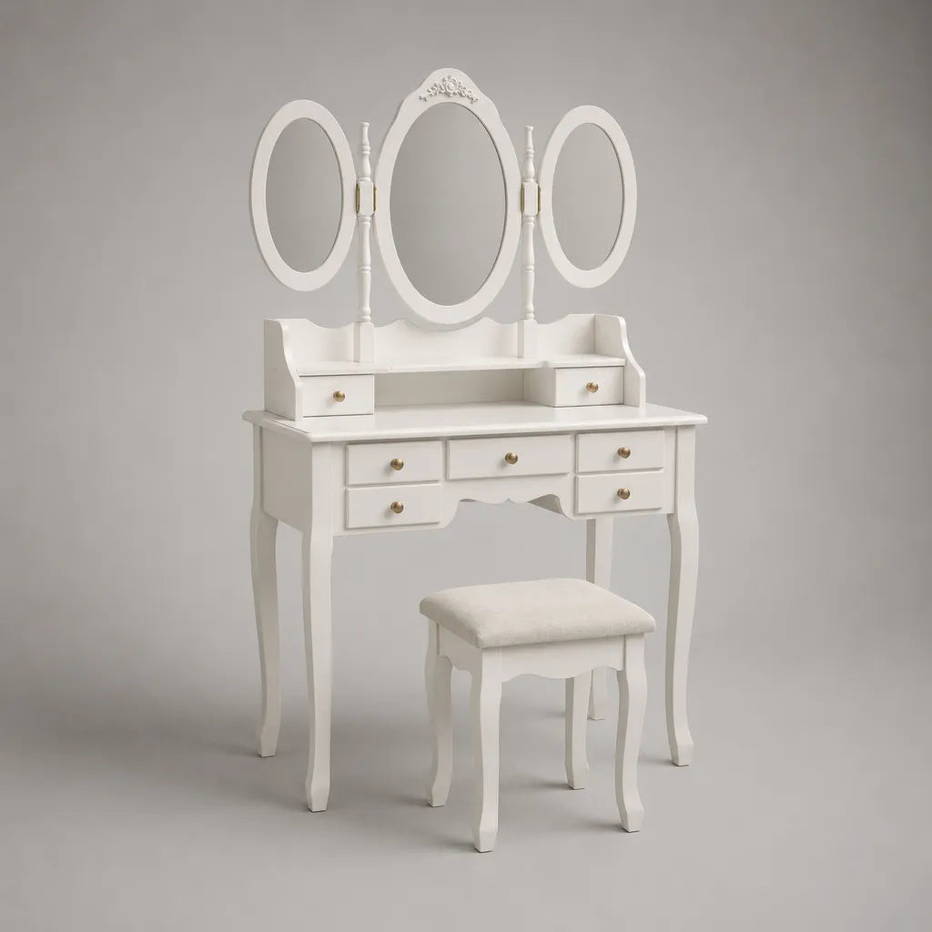 Schminktisch-Set aus MDF mit Hocker, dreiteiligem ovalem Klappspiegel und 7 Schubladen, Weiß, 90 × 40 × 145 cm