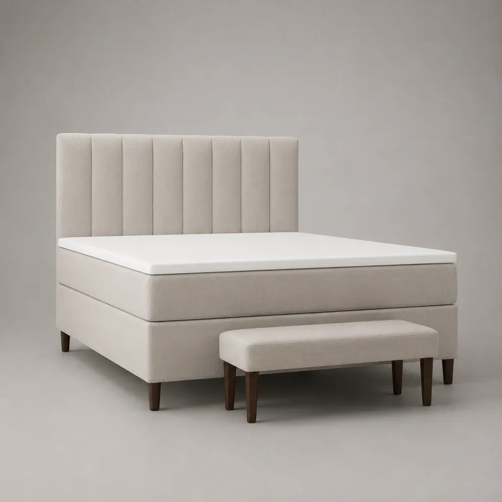Boxspringbett-Set, 2-teilig, mit gepolsterter Sitzbank, Polyester-Mikrofaser, Beige, Liegefläche 180 × 200 cm