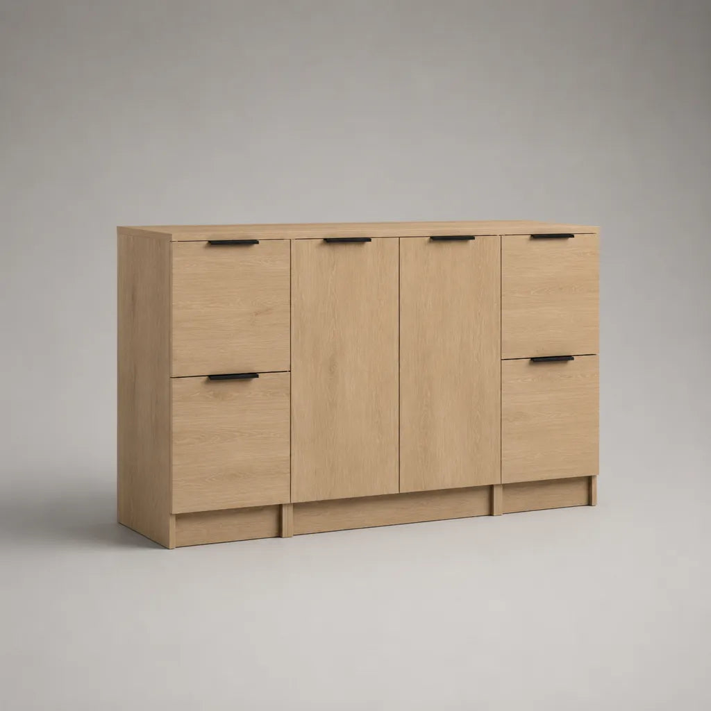 Holz-Sideboard mit 6 Türen, Eiche Natur und Schwarz, 160 × 40 × 90 cm