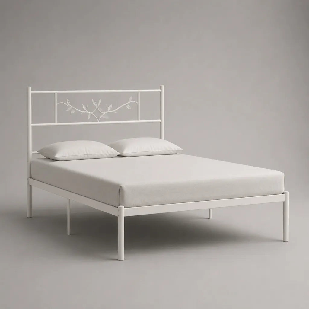 Doppelbett Metallbettgestell mit floralem Kopfteil, Weiß, Liegefläche 160 x 200 cm