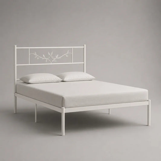 Doppelbett Metallbettgestell mit floralem Kopfteil, Weiß, Liegefläche 160 x 200 cm