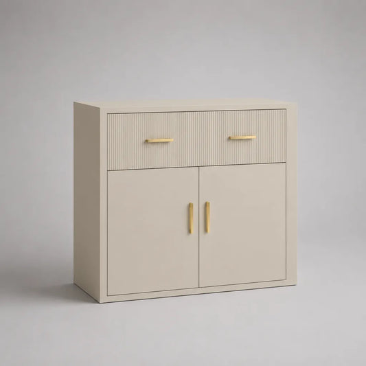 Anrichte mit 1 Schublade und 2 Türen aus MDF und Spanplatte, Beige und Goldfarben, 80 × 35 × 85 cm