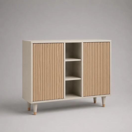 Sideboard aus MDF mit 2 Türen, Lamellenfront und 3 offenen Fächern, Beige/Eichefarben, 120 × 40 × 90 cm