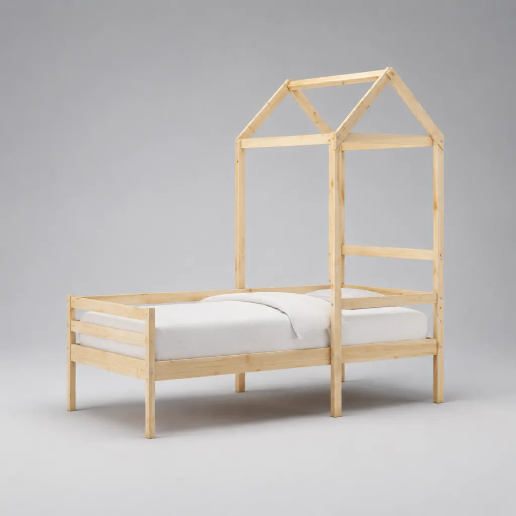 Kinderbett Hausbett 90 × 200 cm aus Kiefer-Massivholz, Natur, mit Rausfallschutz
