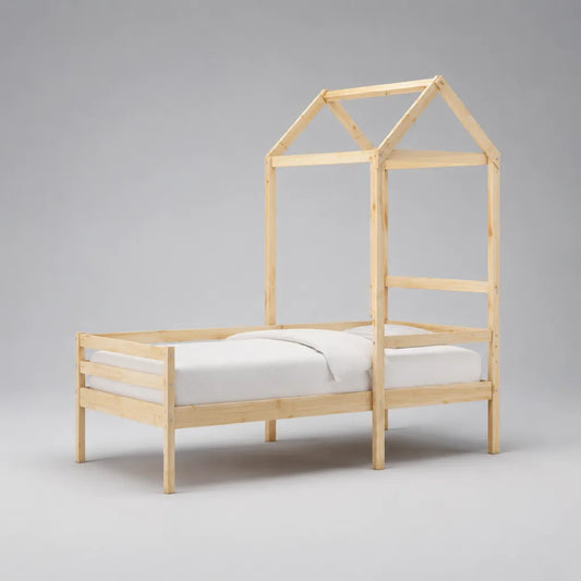 Kinderbett Hausbett 90 × 200 cm aus Kiefer-Massivholz, Natur, mit Rausfallschutz