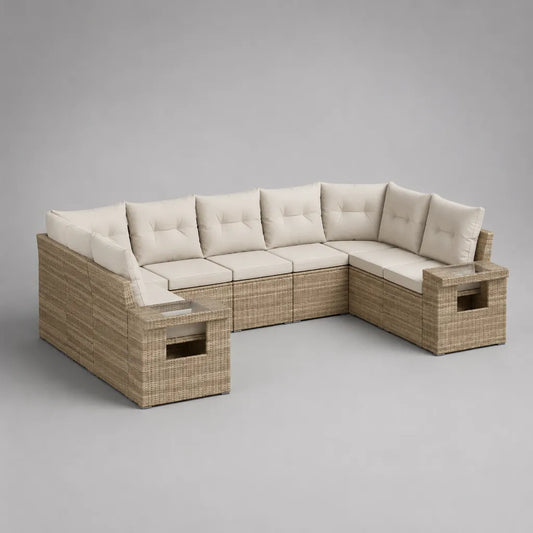 5-Sitzer-Gartensofa-Set in L-Form aus PE-Rattan und Stahl, Beige und Cremeweiß, 240 × 240 × 72 cm