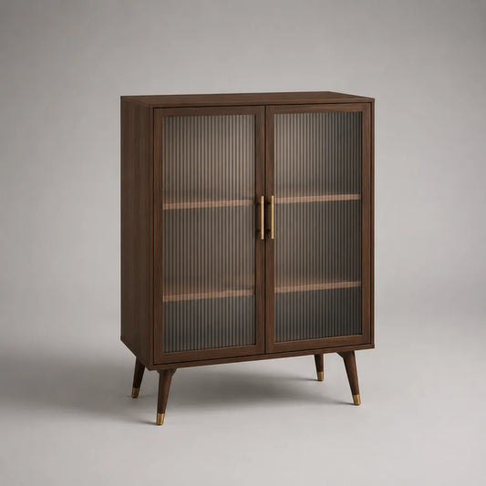 Highboard aus MDF und Glas mit 2 geriffelten Glastüren, Walnussbraun/Rauchgrau, 90 × 40 × 125 cm