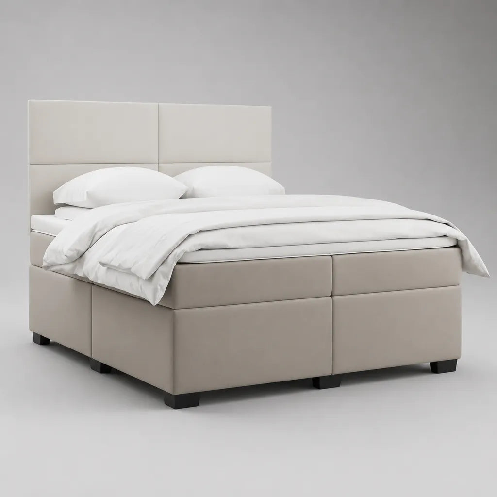 Boxspringbett-Set mit PU-Kunstlederbezug, Taschenfederkernmatratzen und Topper, Beige, Liegefläche 180 x 200 cm