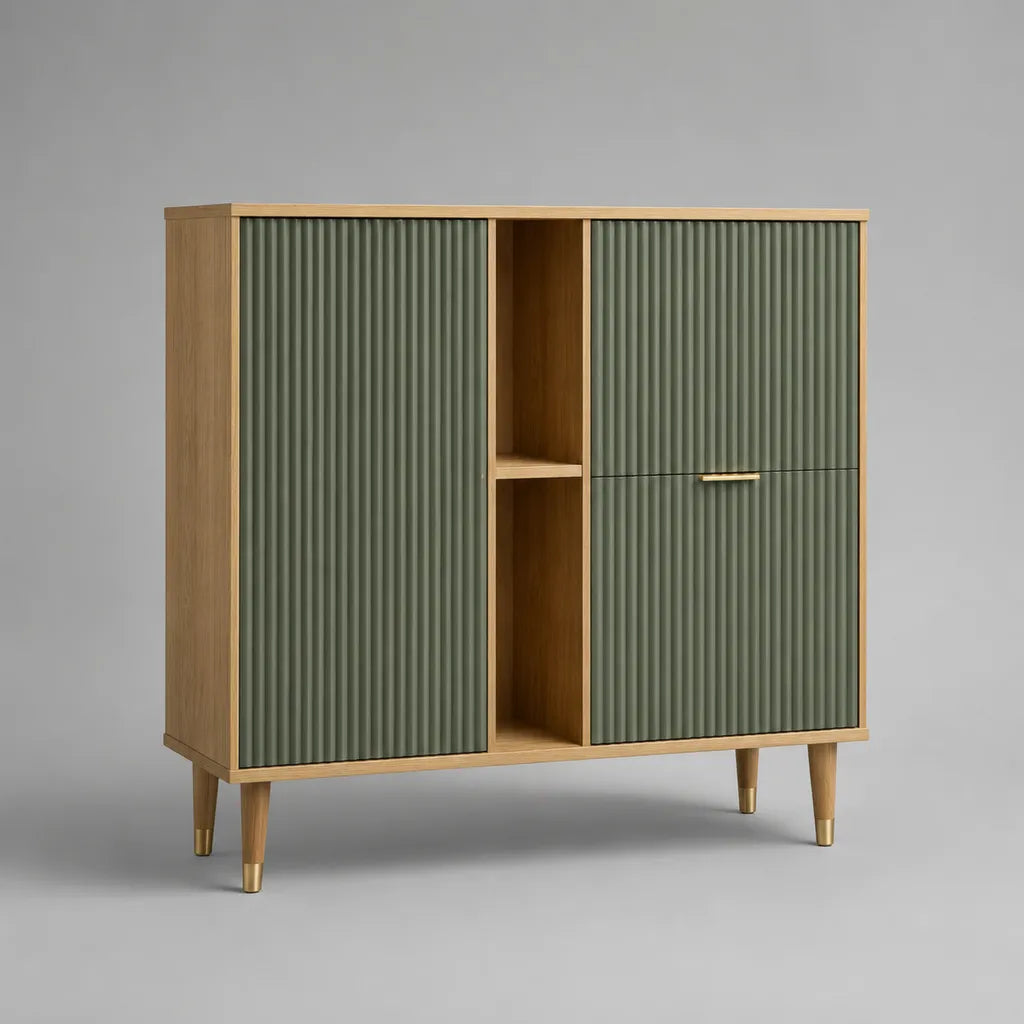 Highboard mit 3 Türen und 2 offenen Fächern aus MDF und Spanplatte, Grün/Eichefarben, 120 × 40 × 120 cm