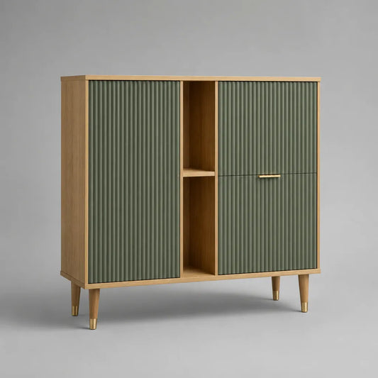 Highboard mit 3 Türen und 2 offenen Fächern aus MDF und Spanplatte, Grün/Eichefarben, 120 × 40 × 120 cm