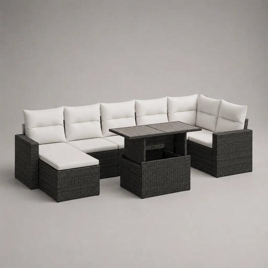 Garten-Sitzgruppe aus PE-Rattan in U-Form mit Esstisch und 2 Hockern, Anthrazit/Cremeweiß/Graubraun, 245 × 180 × 74 cm
