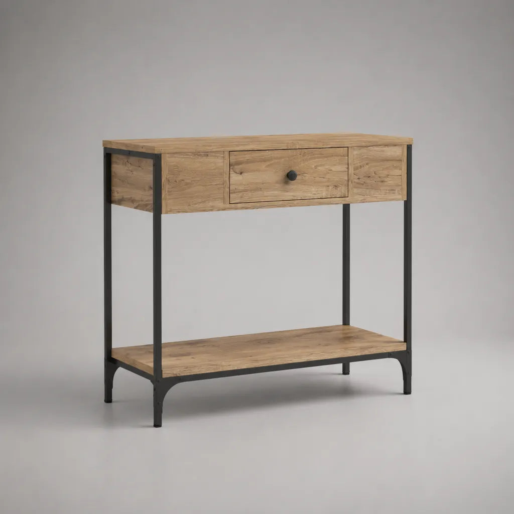Konsolentisch aus MDF und Stahl mit Schublade und Ablage, eichefarben und schwarz, 100 × 35 × 80 cm