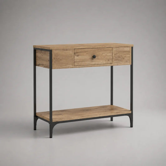 Konsolentisch aus MDF und Stahl mit Schublade und Ablage, eichefarben und schwarz, 100 × 35 × 80 cm