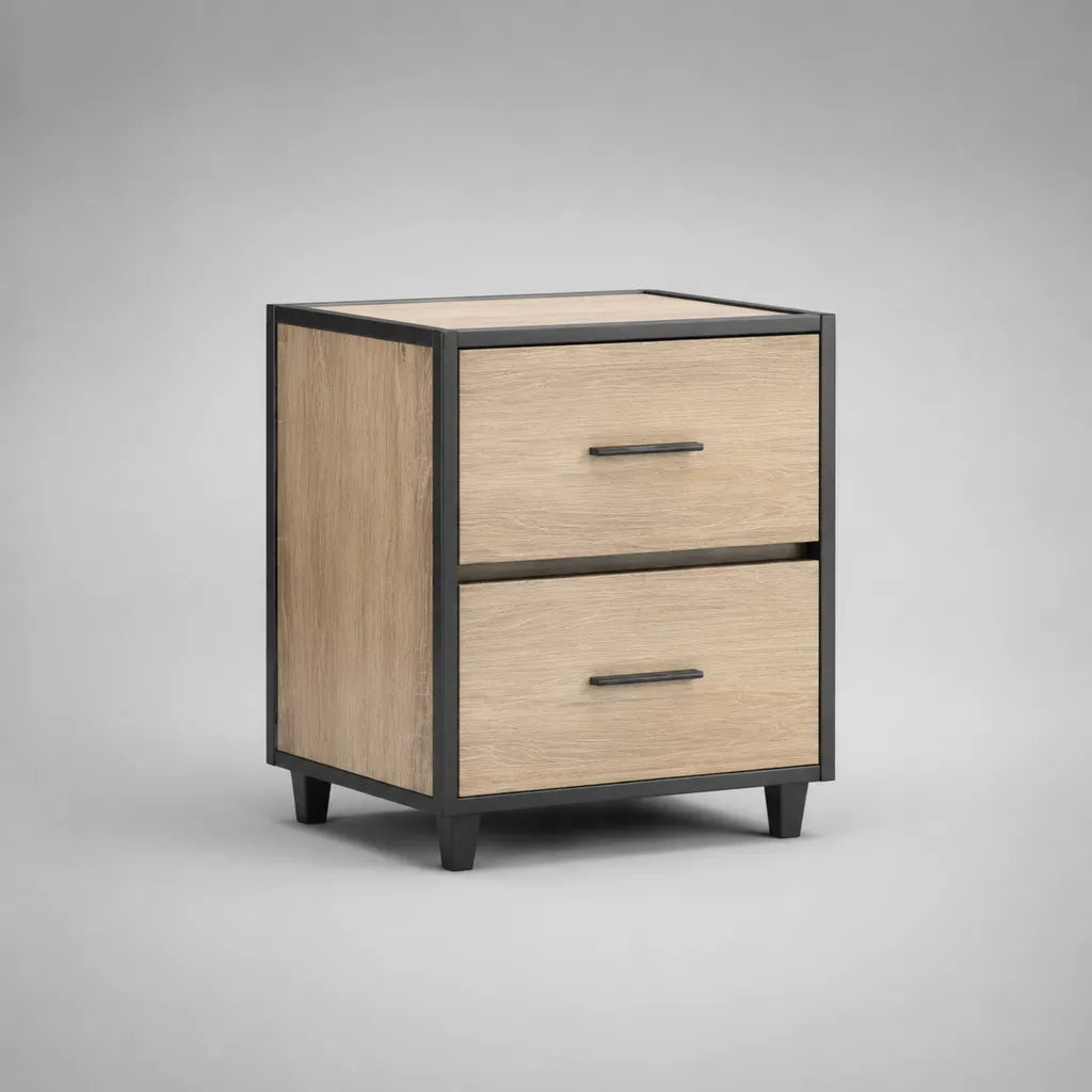 Nachttisch mit 2 Schubladen aus Holz und Stahl, Natur/Schwarz, 45 × 40 × 55 cm