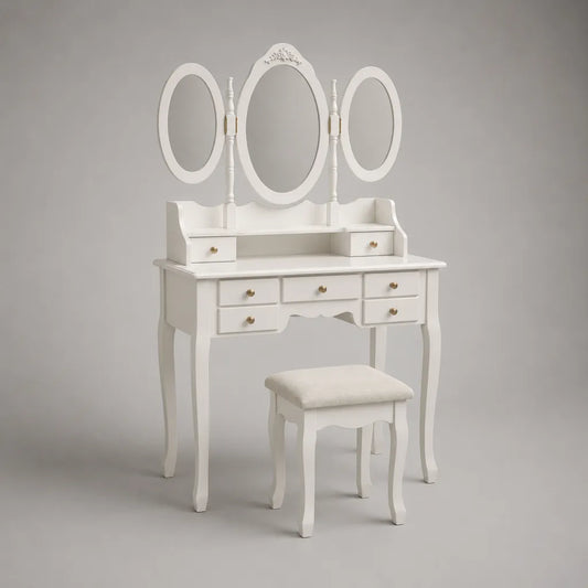 Schminktisch-Set aus MDF mit Hocker, dreiteiligem ovalem Klappspiegel und 7 Schubladen, Weiß, 90 × 40 × 145 cm