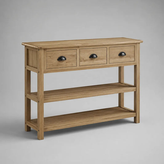 Sideboard-Konsolentisch aus massivem Kiefernholz mit 3 Schubladen und 2 Ablagen, Natur/Schwarz, 120 × 35 × 85 cm
