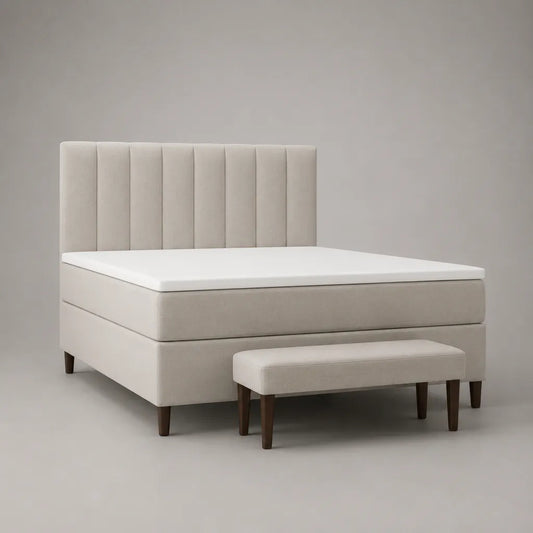 Boxspringbett-Set, 2-teilig, mit gepolsterter Sitzbank, Polyester-Mikrofaser, Beige, Liegefläche 180 × 200 cm