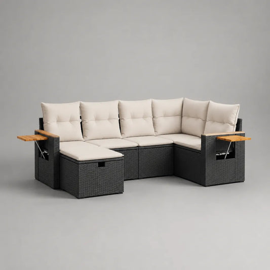 Gartensofa Ecksofa 6-Sitzer-Set aus PE-Rattan mit Stahlrahmen, Akazienholzablagen und Polyesterkissen, L-förmig, Schwarz/Beige/Naturbraun, 260 x 220 x 86 cm