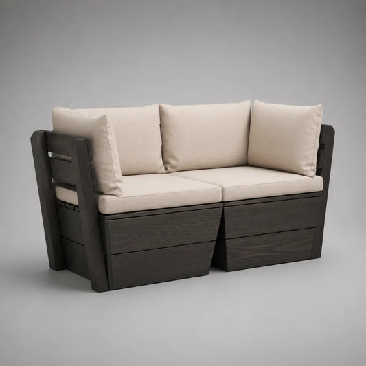 2-teiliges Gartensofa, 2-Sitzer aus massivem Akazienholz mit Polyesterkissen, Dunkelbraun/Beige, 140 × 75 × 85 cm