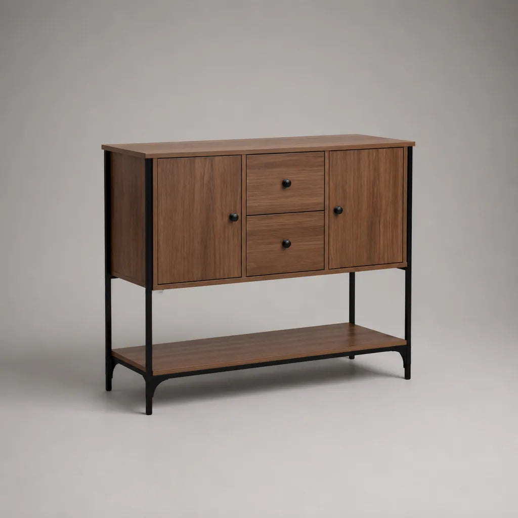 Sideboard aus MDF und Stahl mit 2 Türen, 2 Schubladen und Ablage, Walnussbraun und Schwarz, 120 × 40 × 100 cm