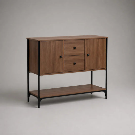 Sideboard aus MDF und Stahl mit 2 Türen, 2 Schubladen und Ablage, Walnussbraun und Schwarz, 120 × 40 × 100 cm