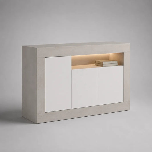 Sideboard mit LED-Beleuchtung aus Spanplatte und MDF, Weiß/Betonbeige, 140 × 40 × 85 cm