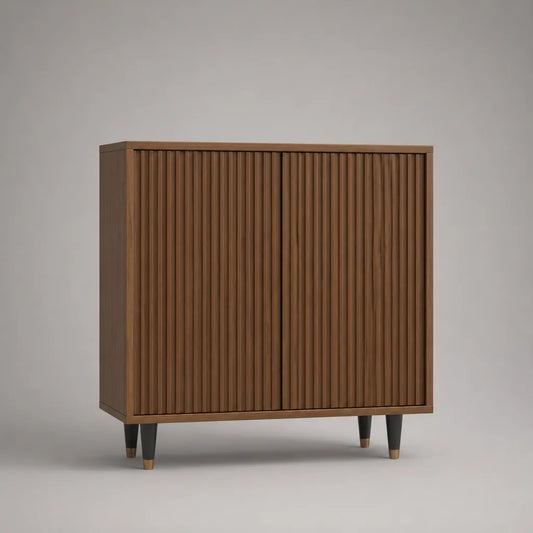 Sideboard mit 2 Lamellentüren aus MDF mit Walnussfurnier, Walnussbraun, Schwarz und Messingfarben, 100 × 40 × 100 cm