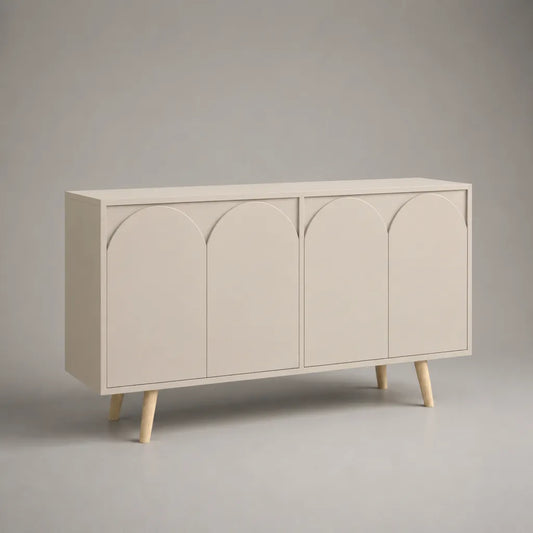Sideboard mit 4 Türen aus lackiertem MDF und Massivholz, Beige und Natur, 140 × 40 × 80 cm