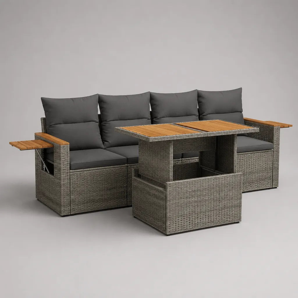 Gartensofa-Set für 4 Personen aus PE-Rattan mit Stahlgestell, Akazienholz-Tisch, 2 Hockern und Seitenablagen, Grau/Dunkelgrau/Braun, Sofa 248 × 75 × 85 cm