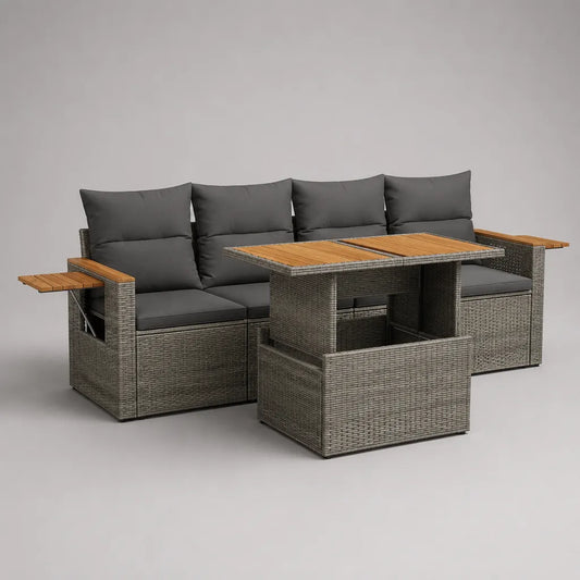 Gartensofa-Set für 4 Personen aus PE-Rattan mit Stahlgestell, Akazienholz-Tisch, 2 Hockern und Seitenablagen, Grau/Dunkelgrau/Braun, Sofa 248 × 75 × 85 cm